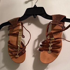 Women’s Brown Leather Strappy Sandals with Gold Accent